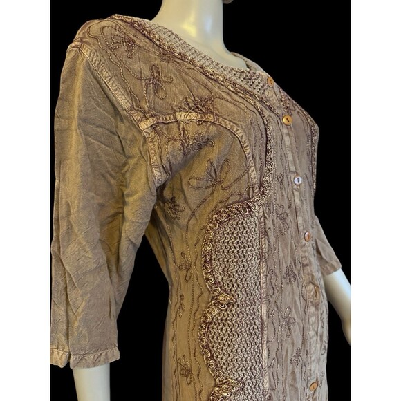 VTG Embroidered Maxi Dress  Free Size Button Front Rayon Tie Fringe Boho Cottage - Picture 11 of 13